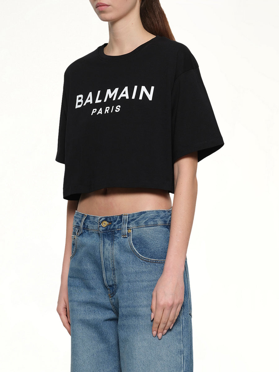 Cropped Print Logo Eco T-Shirt in Black