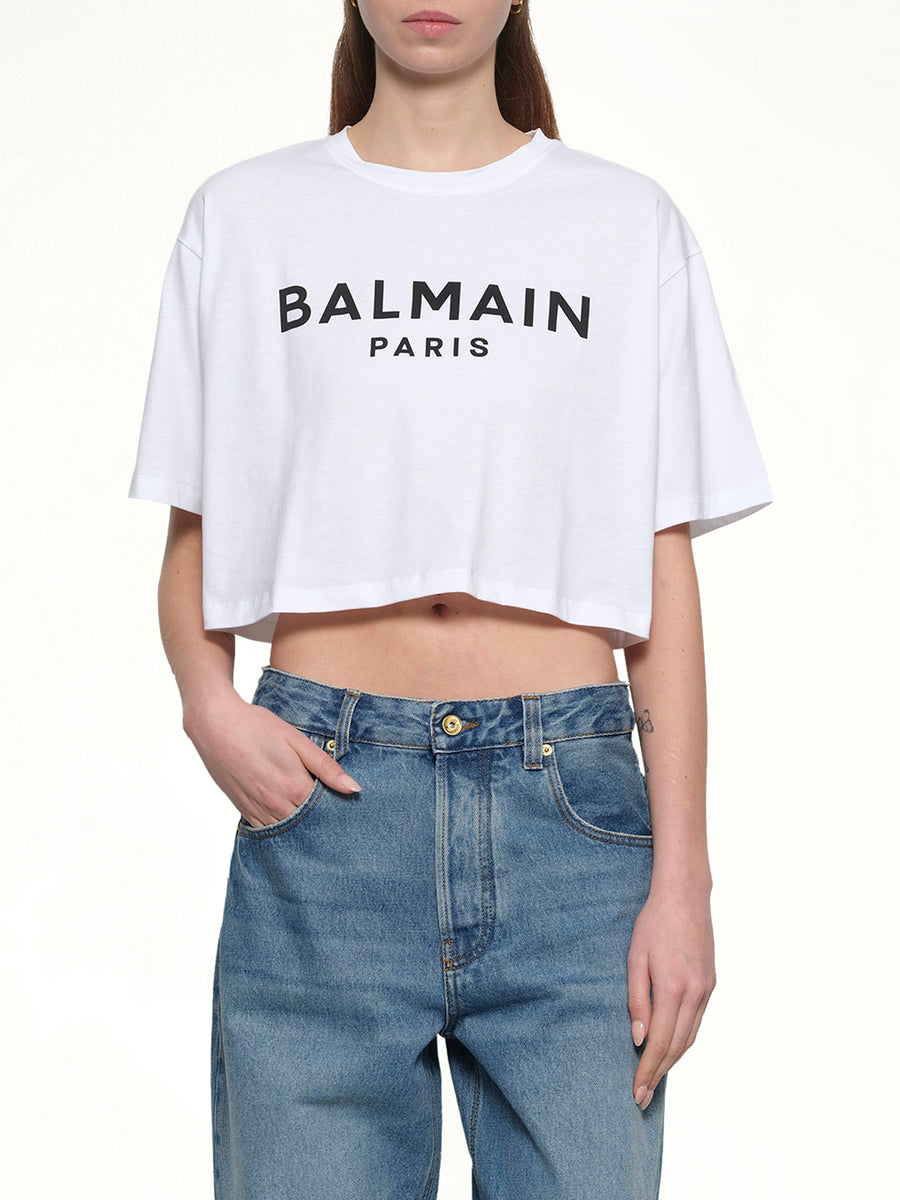 Logo Print Cropped T-Shirt in White/Black