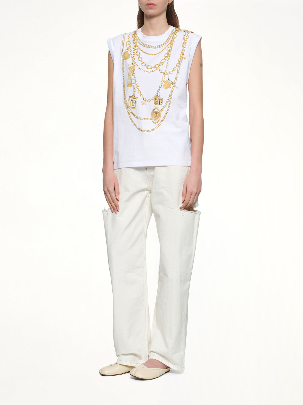 Trompe L'Oeil Necklace Print Tank Top in White/Gold