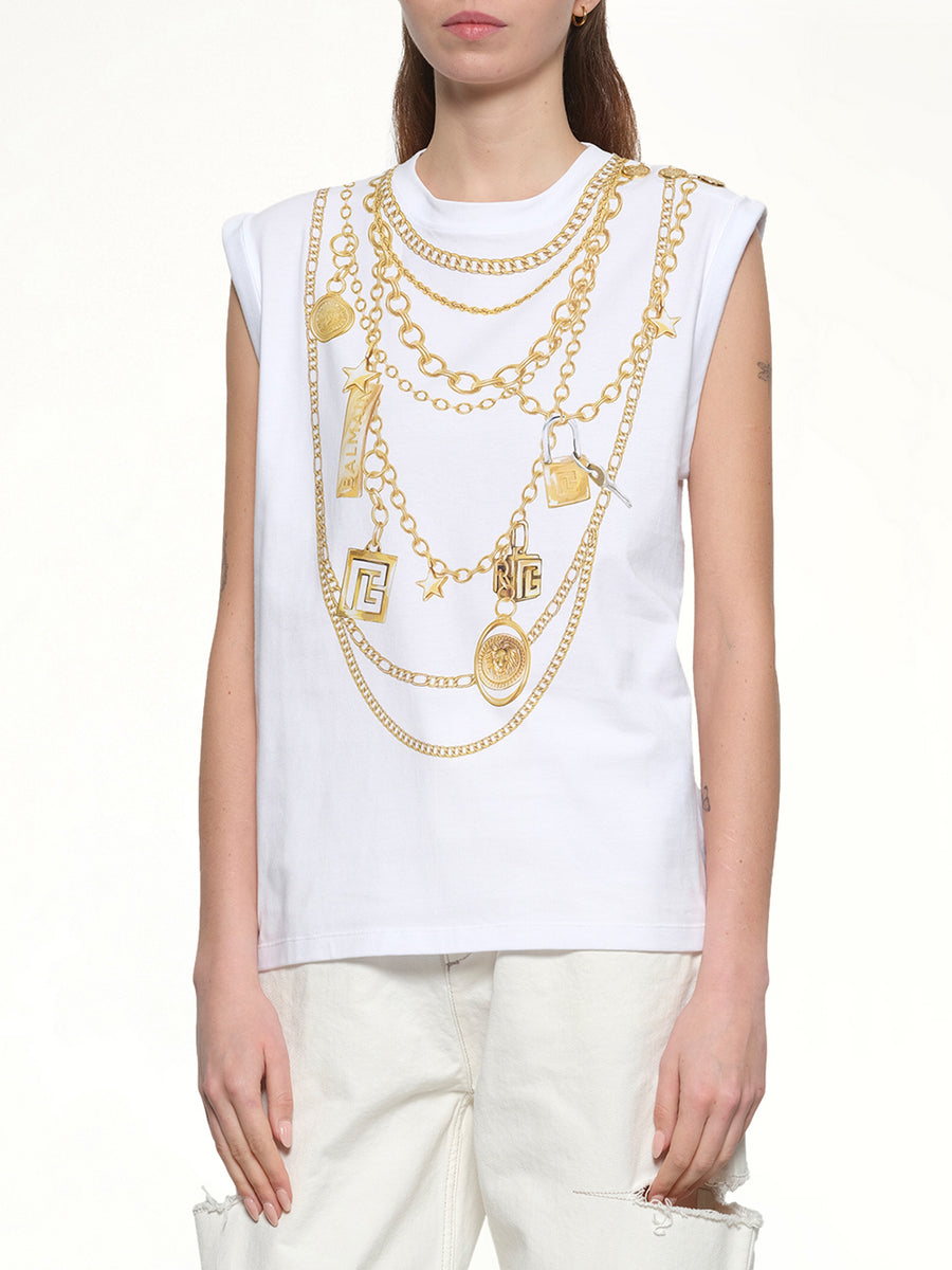 Trompe L'Oeil Necklace Print Tank Top in White/Gold