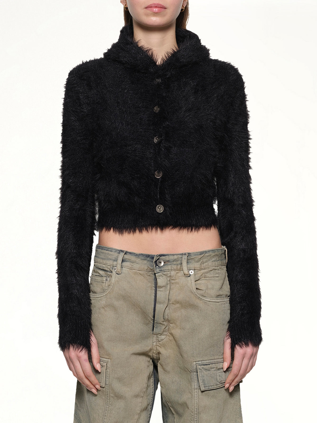 Chimera Fur Hooded Button Up in Black