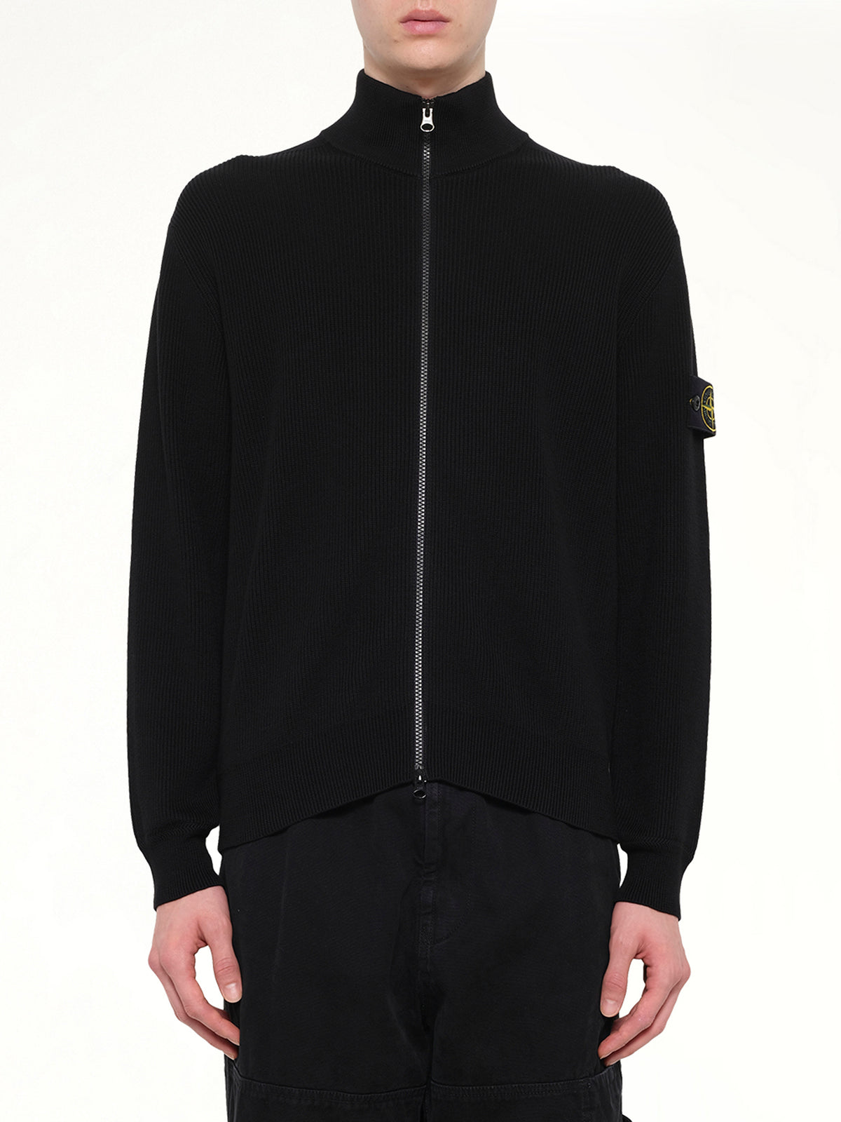 5100126 Ribbed Cotton Zip-Up Cardigan in Black