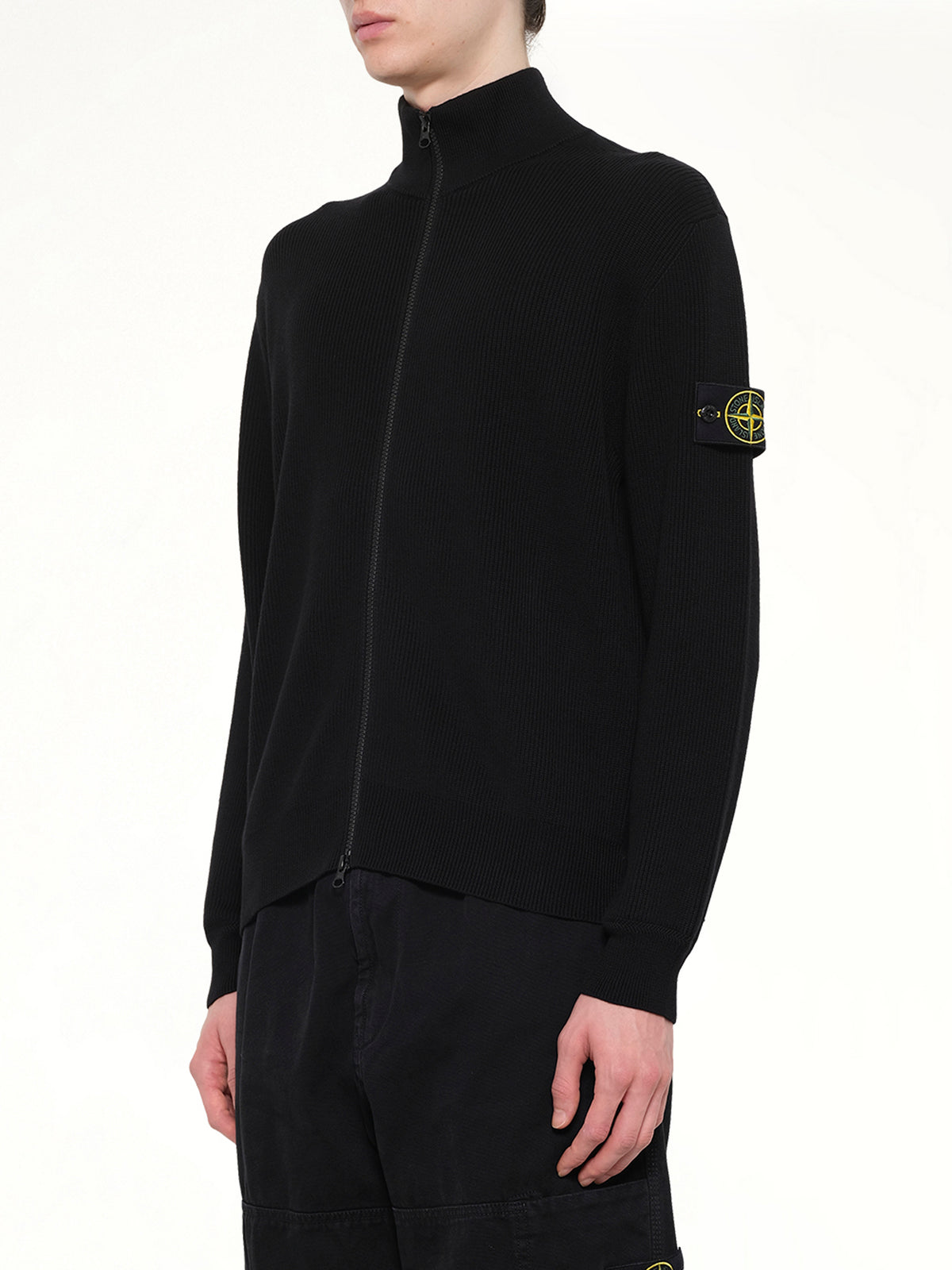 5100126 Ribbed Cotton Zip-Up Cardigan in Black