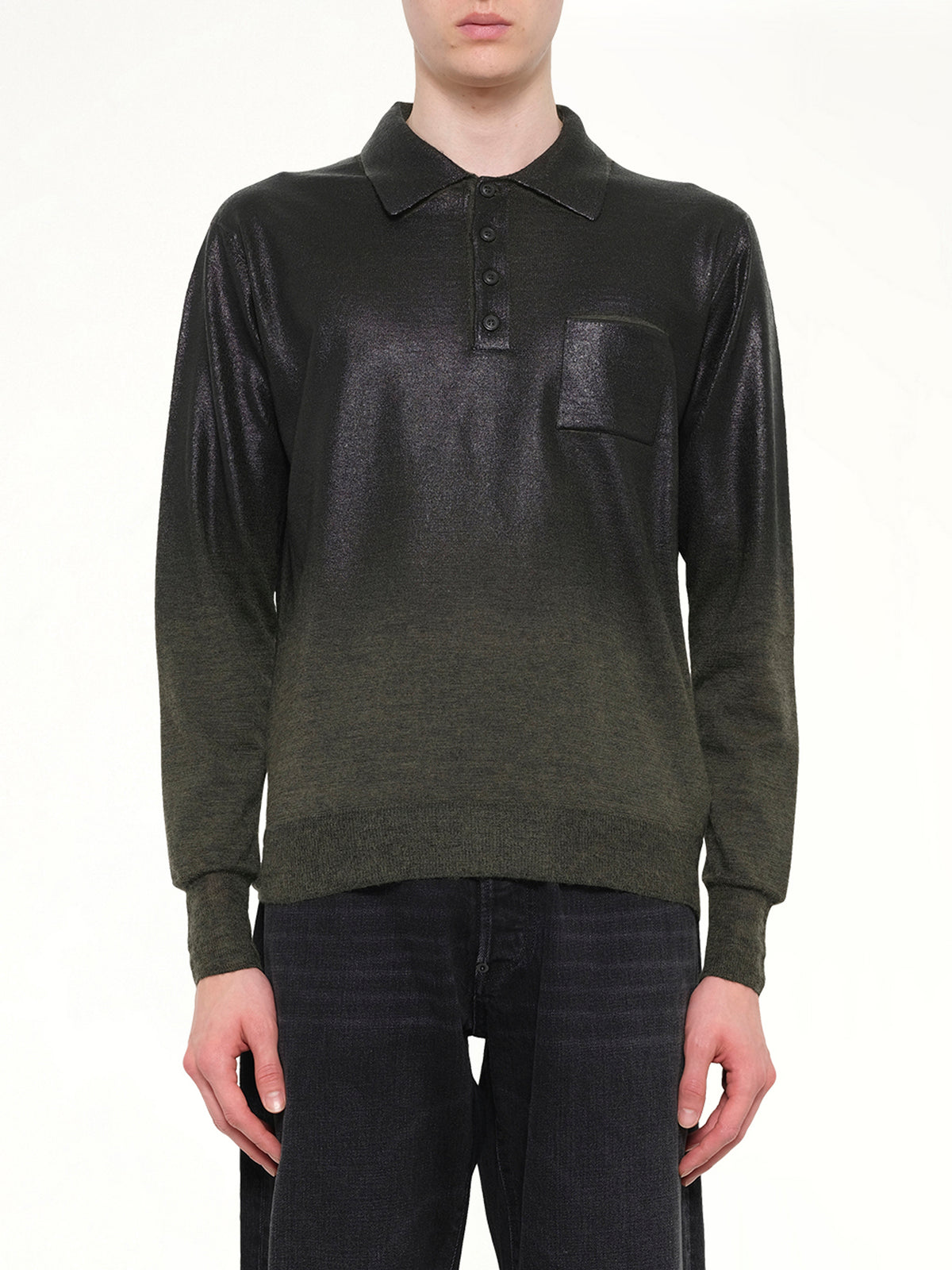 Coated Knit Polo in Green/Black