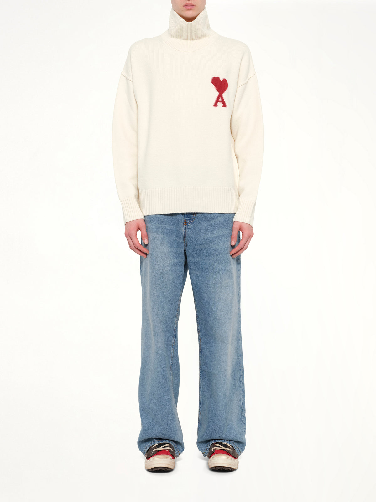 Contrasted Ami De Coeur Funnel Neck Sweater in Off White