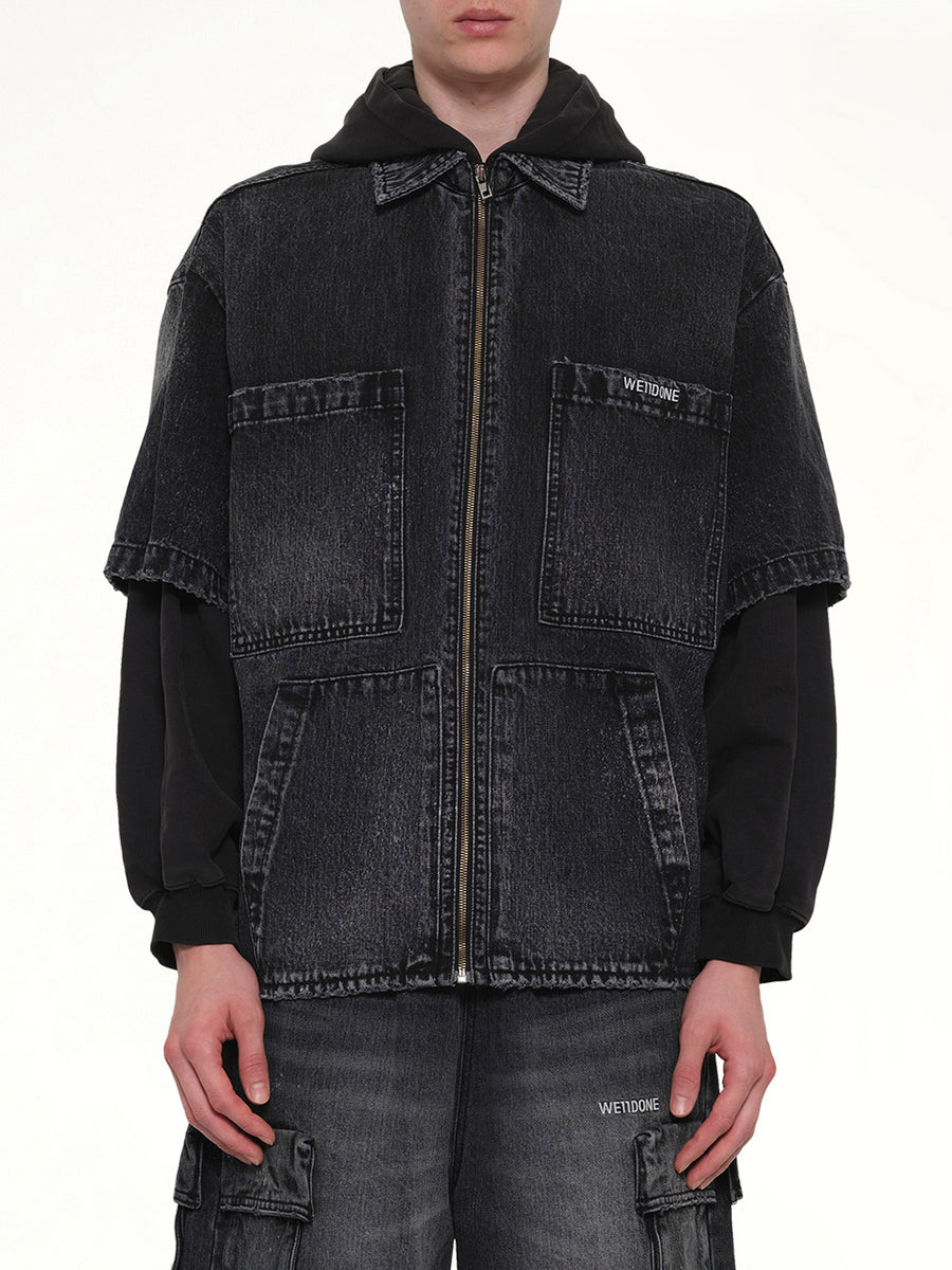 Faded Layered Hoodie Jacket in Black