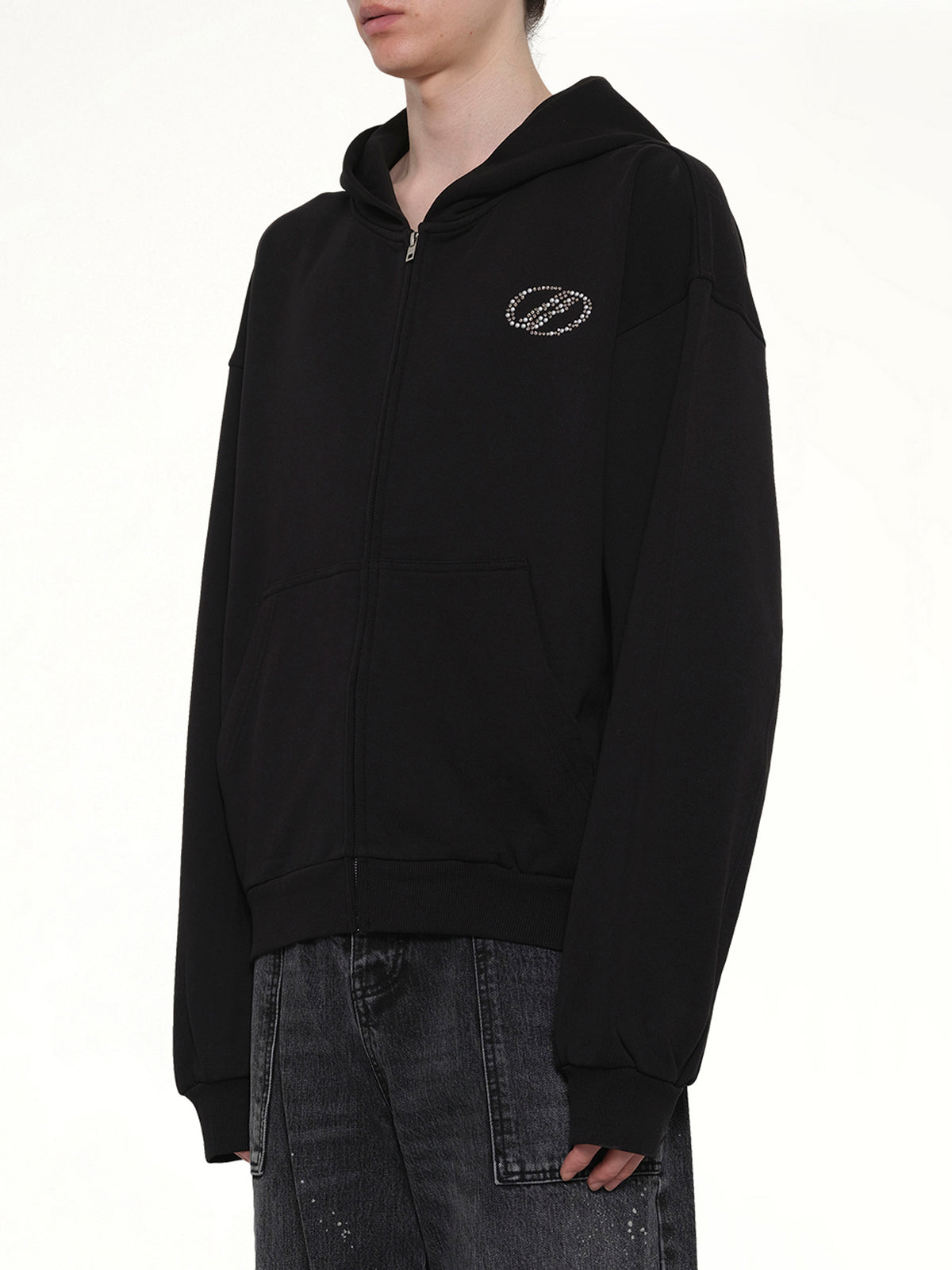 Rhinestone Zip-Up Balloon Hoodie in Black