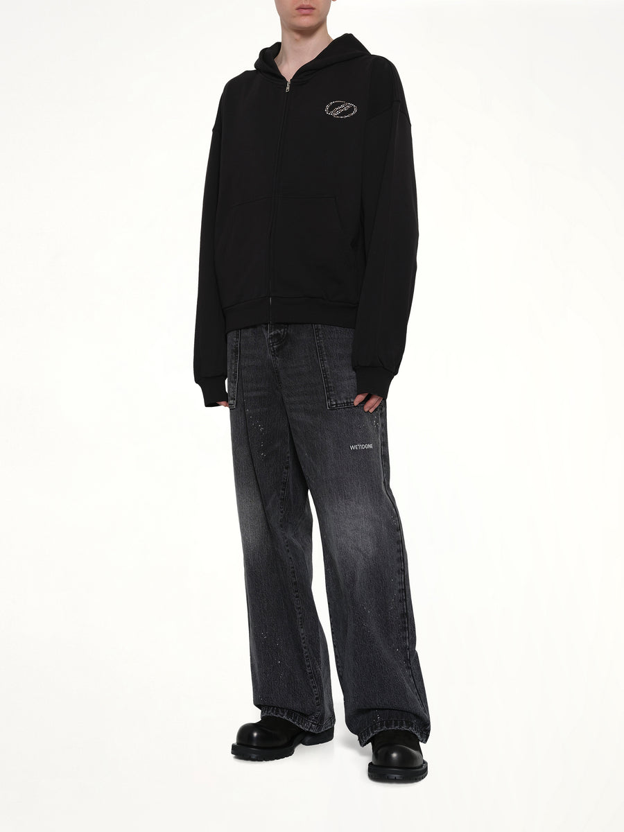 Rhinestone Zip-Up Balloon Hoodie in Black