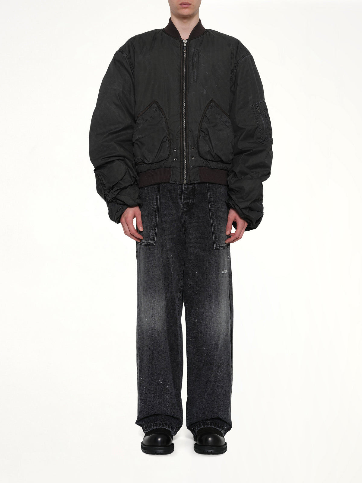 Washed Nylon Bomber in Black