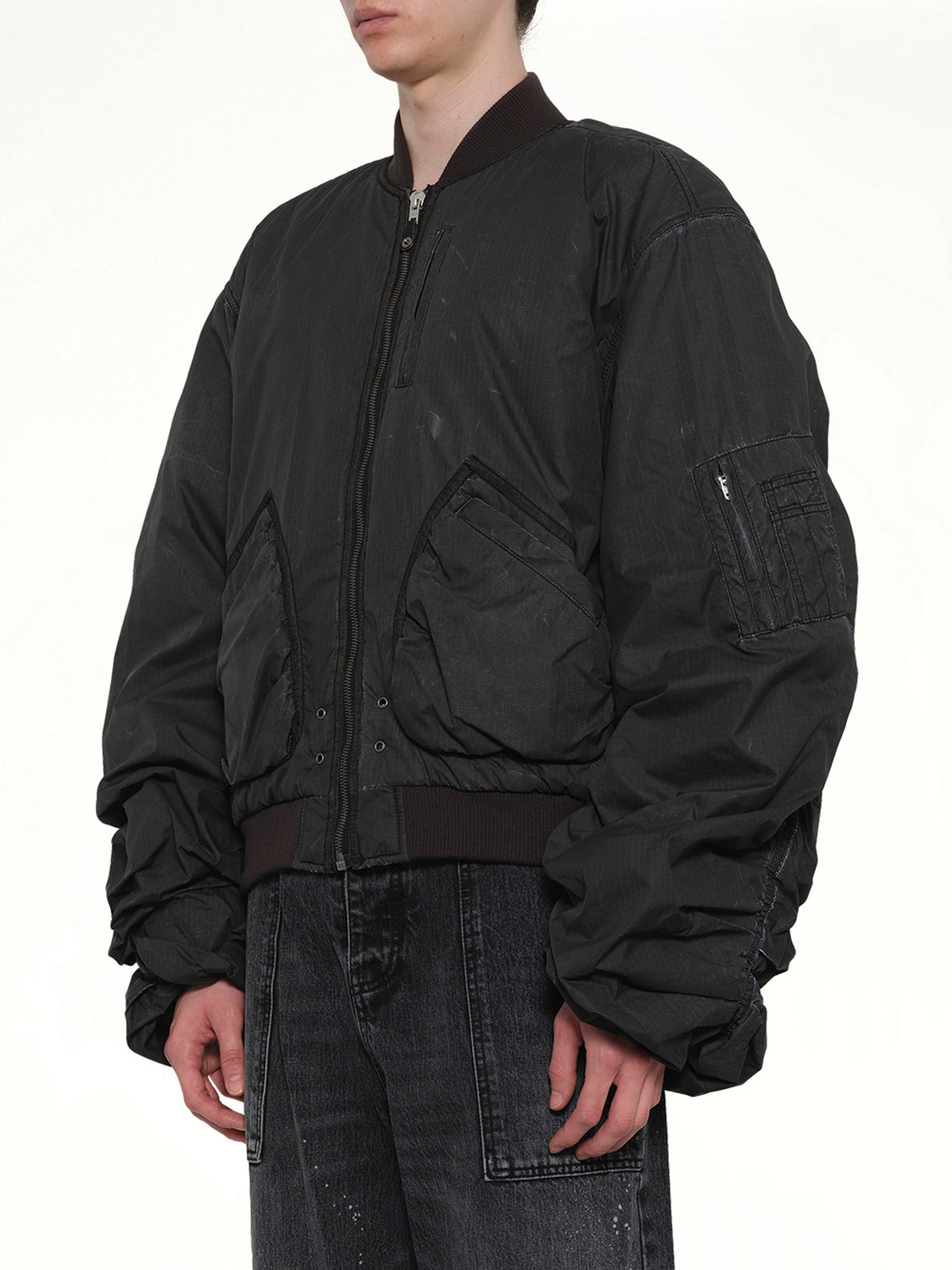 Washed Nylon Bomber in Black