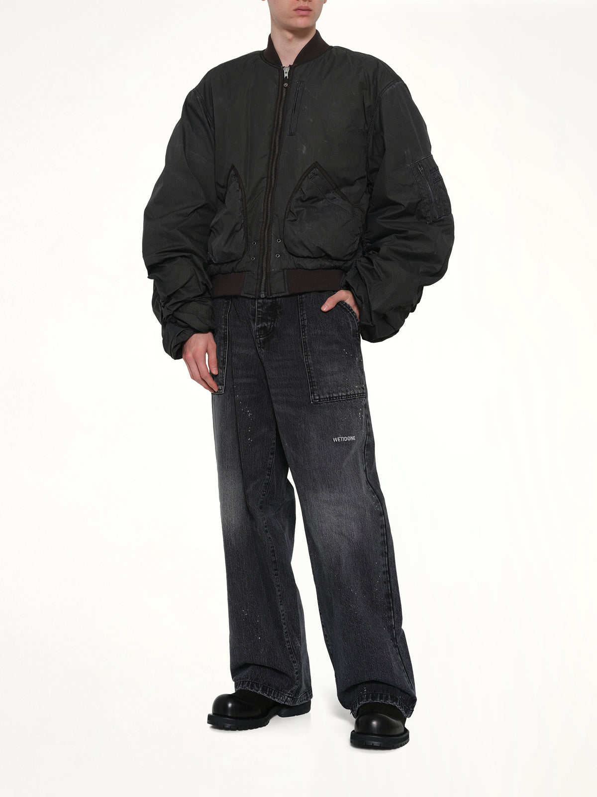 Washed Nylon Bomber in Black
