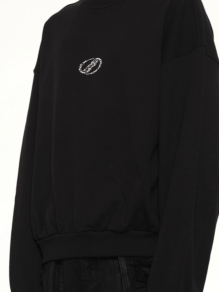Rhinestone Balloon-Fit Sweatshirt in Black