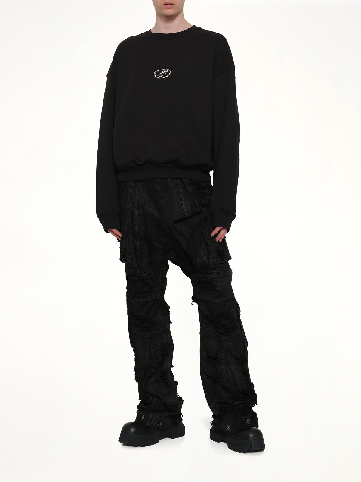 Rhinestone Balloon-Fit Sweatshirt in Black