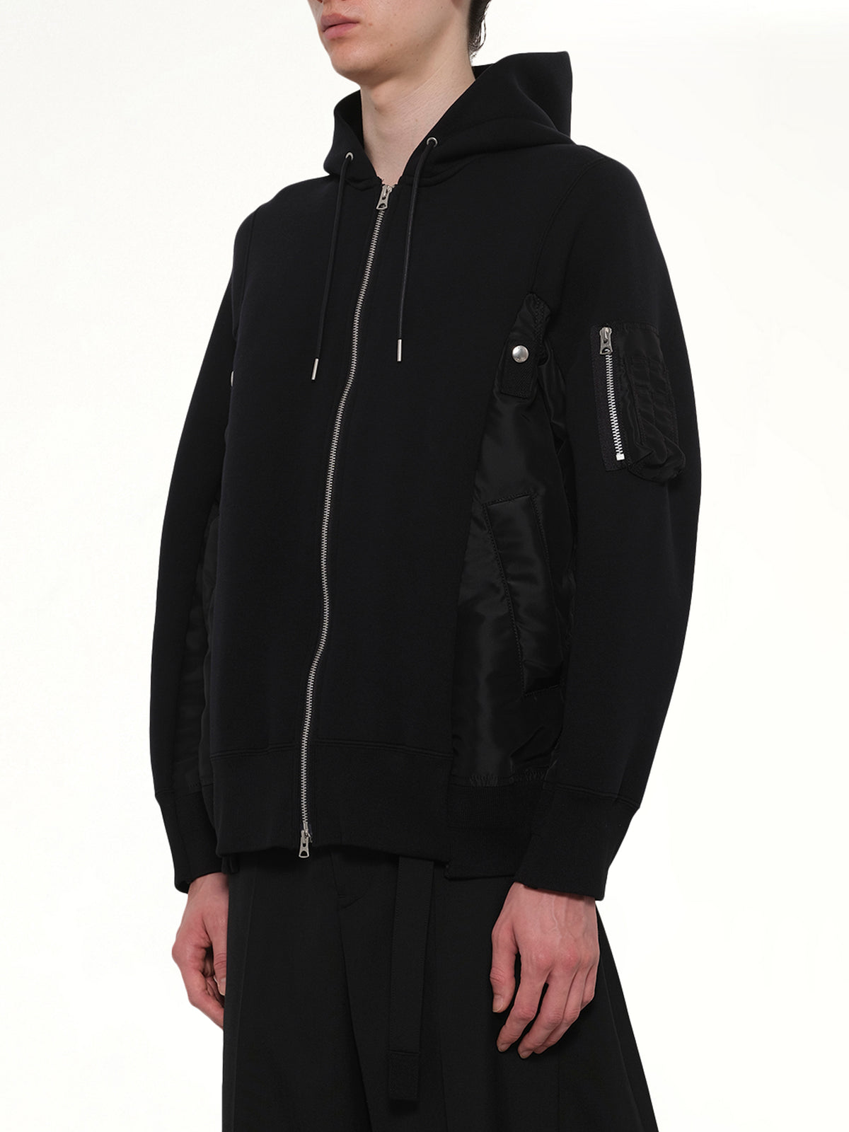 Sponge Sweat x Nylon Twill Zip Hoodie in Black