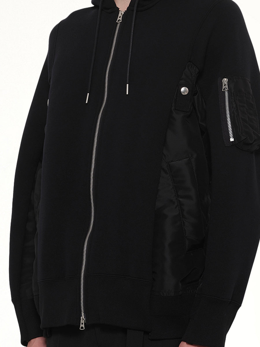 Sponge Sweat x Nylon Twill Zip Hoodie in Black