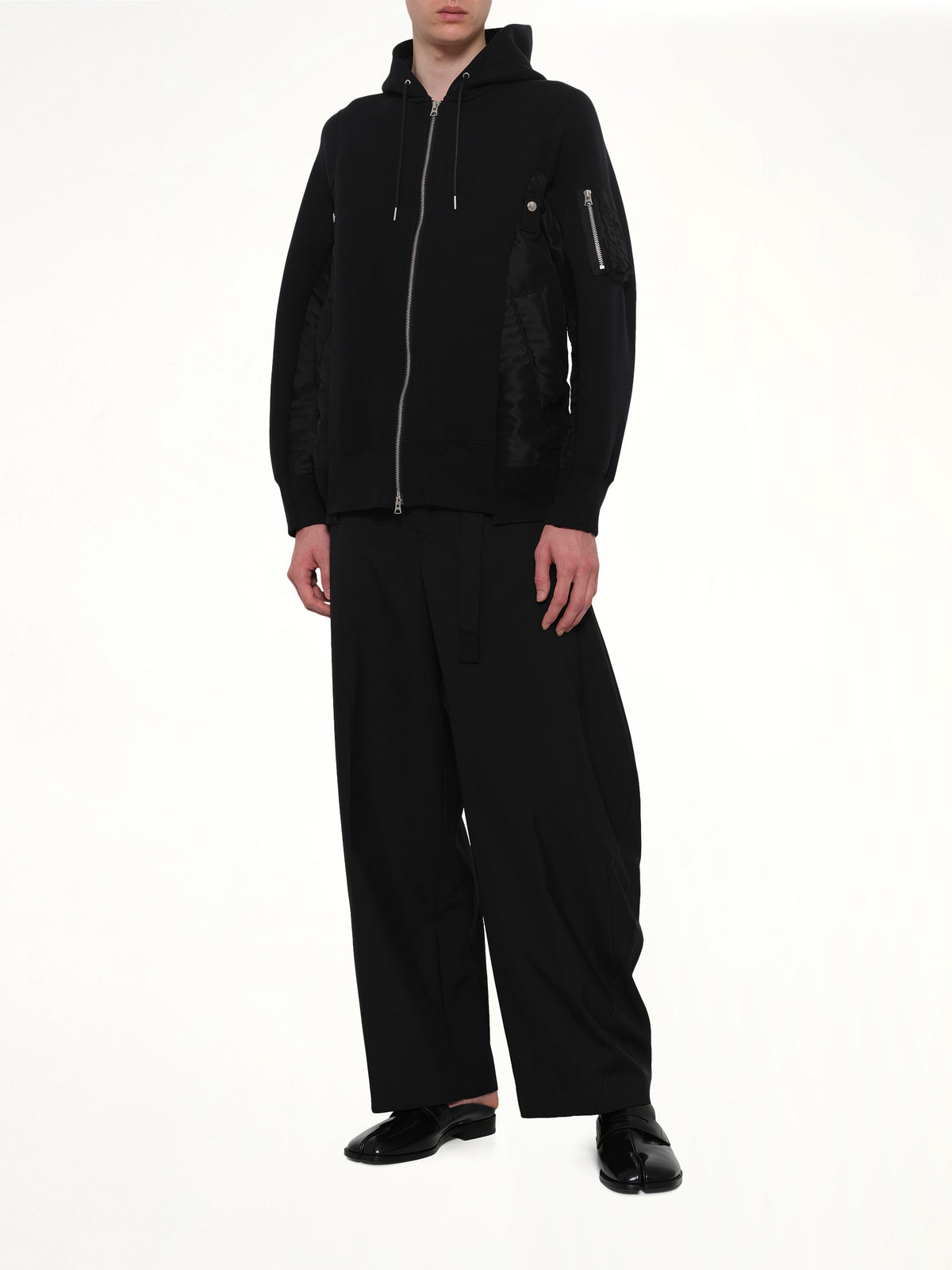 Sponge Sweat x Nylon Twill Zip Hoodie in Black