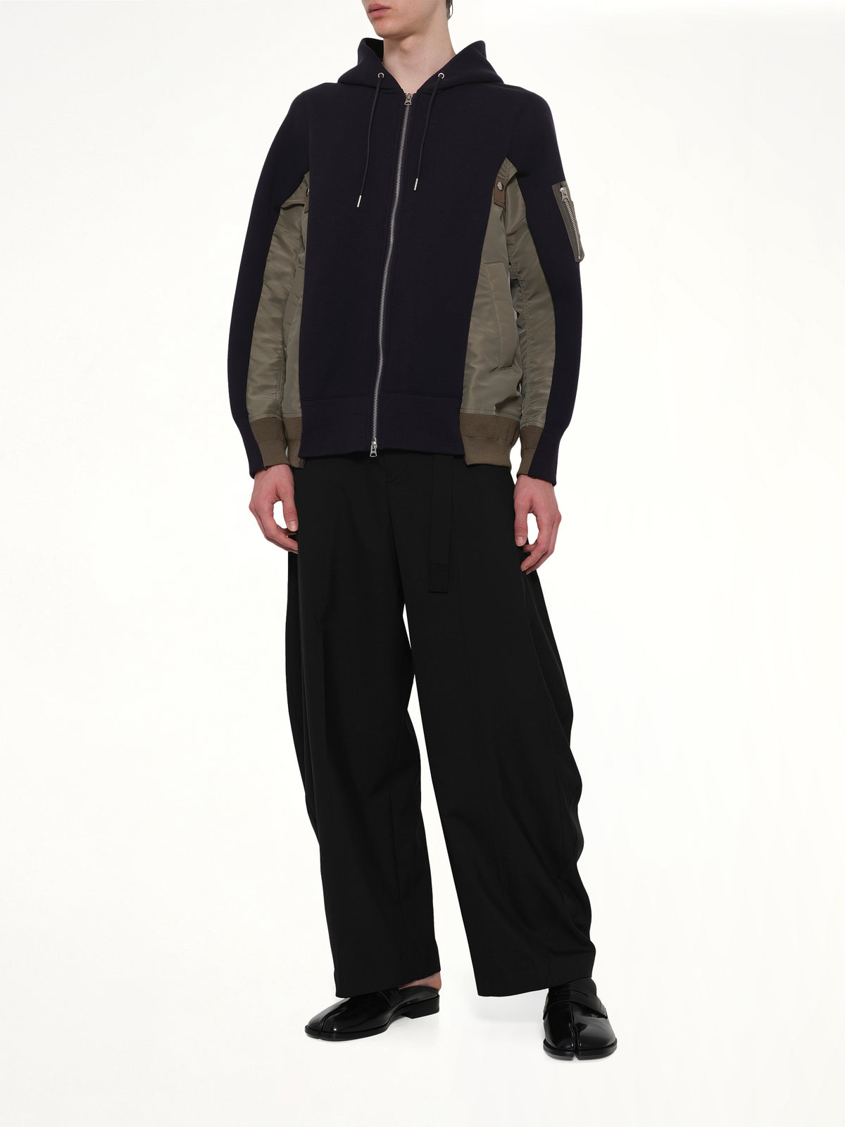 Sponge Sweat x Nylon Twill Zip Hoodie in Navy/Khaki