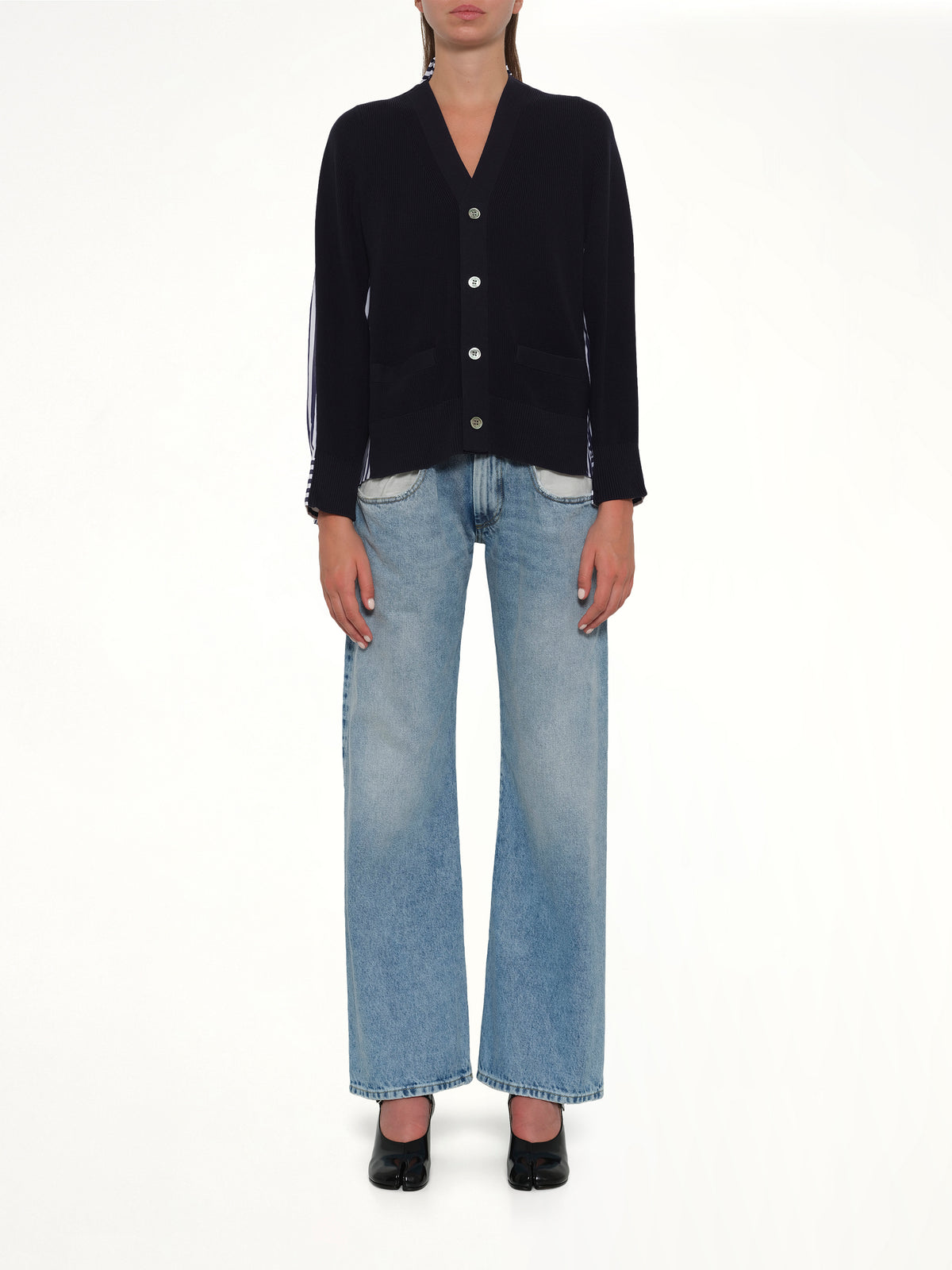 Cotton Knit x Cotton Poplin Cardigan in Navy