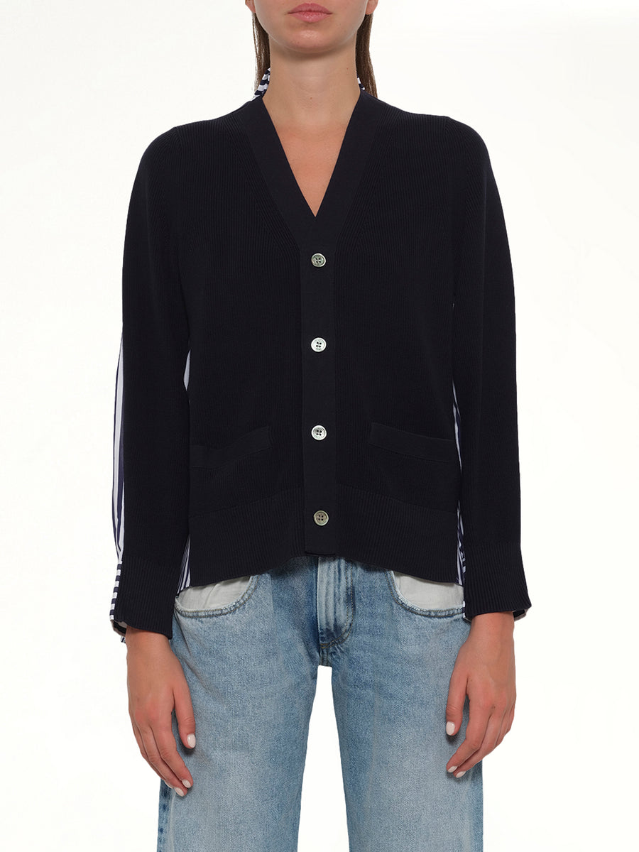 Cotton Knit x Cotton Poplin Cardigan in Navy