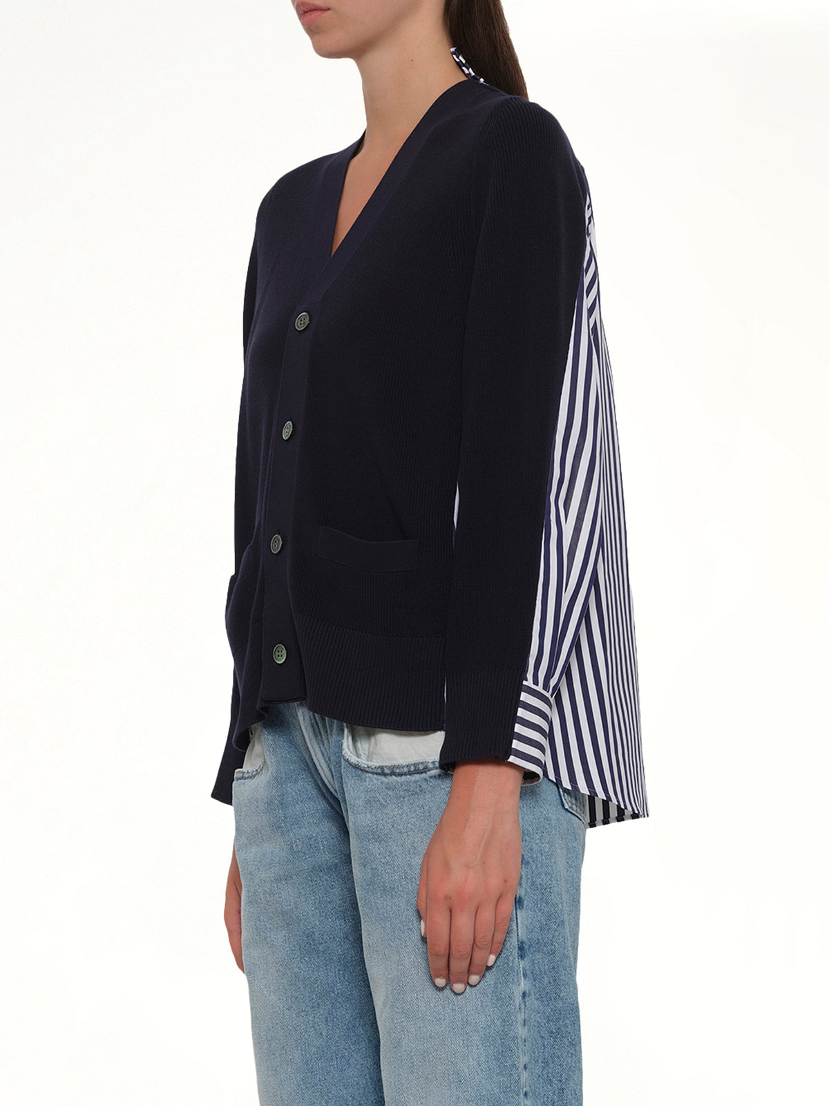 Cotton Knit x Cotton Poplin Cardigan in Navy
