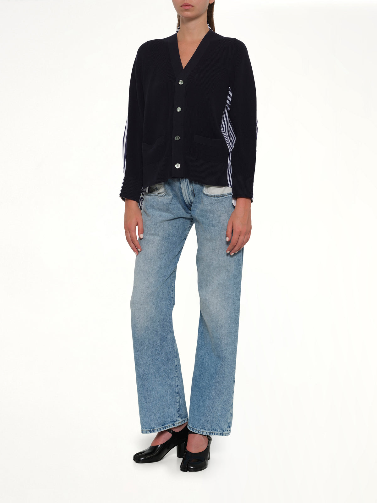 Cotton Knit x Cotton Poplin Cardigan in Navy