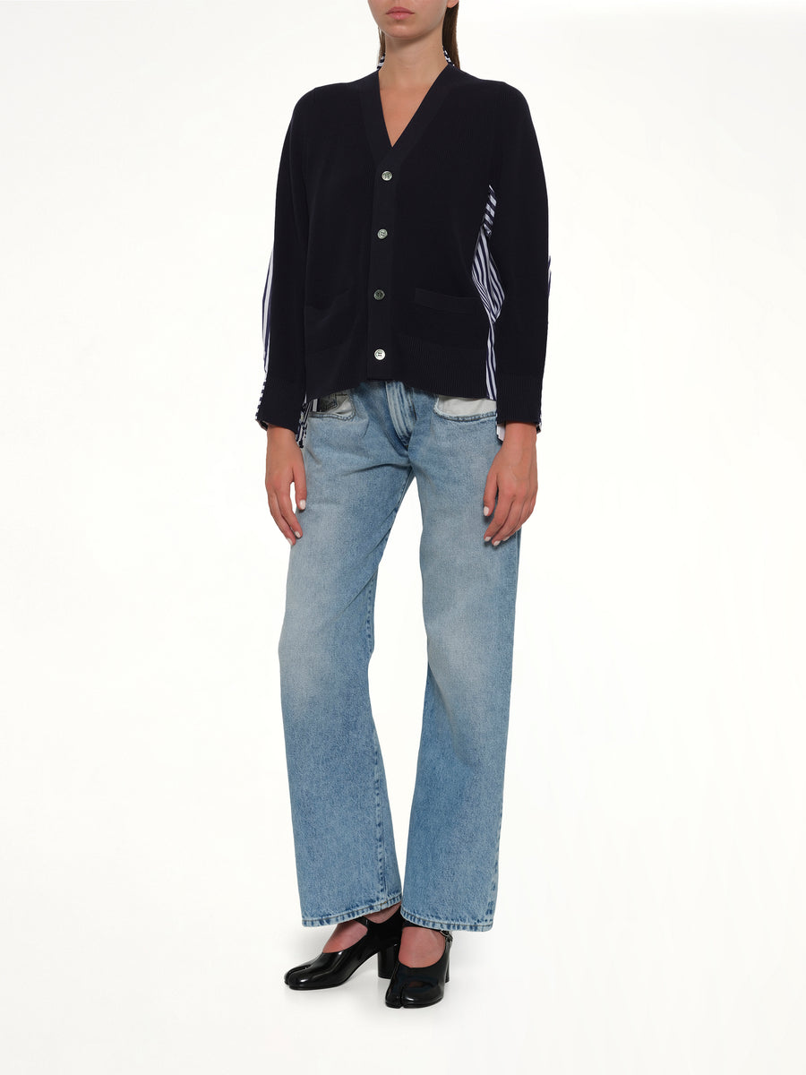 Cotton Knit x Cotton Poplin Cardigan in Navy