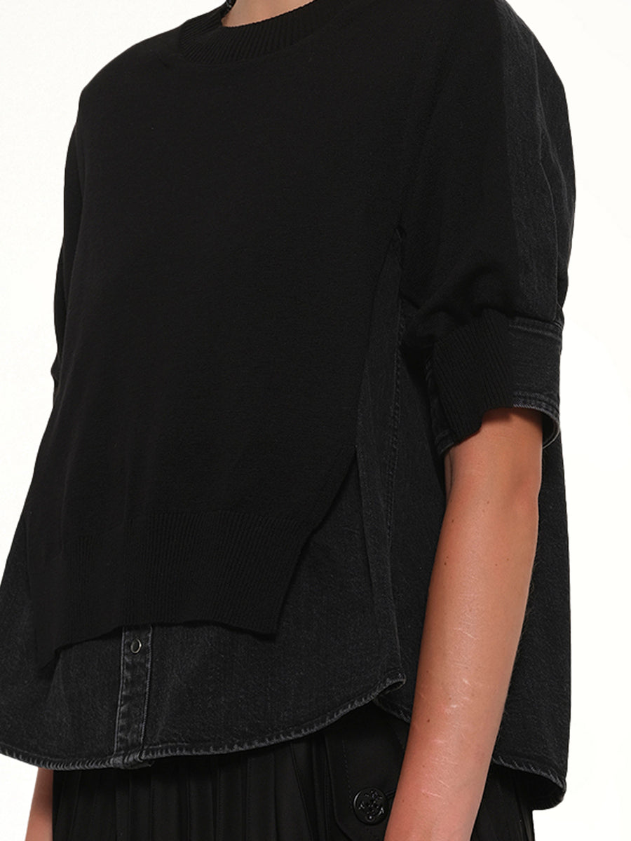 Denim x Knit Pullover in Black