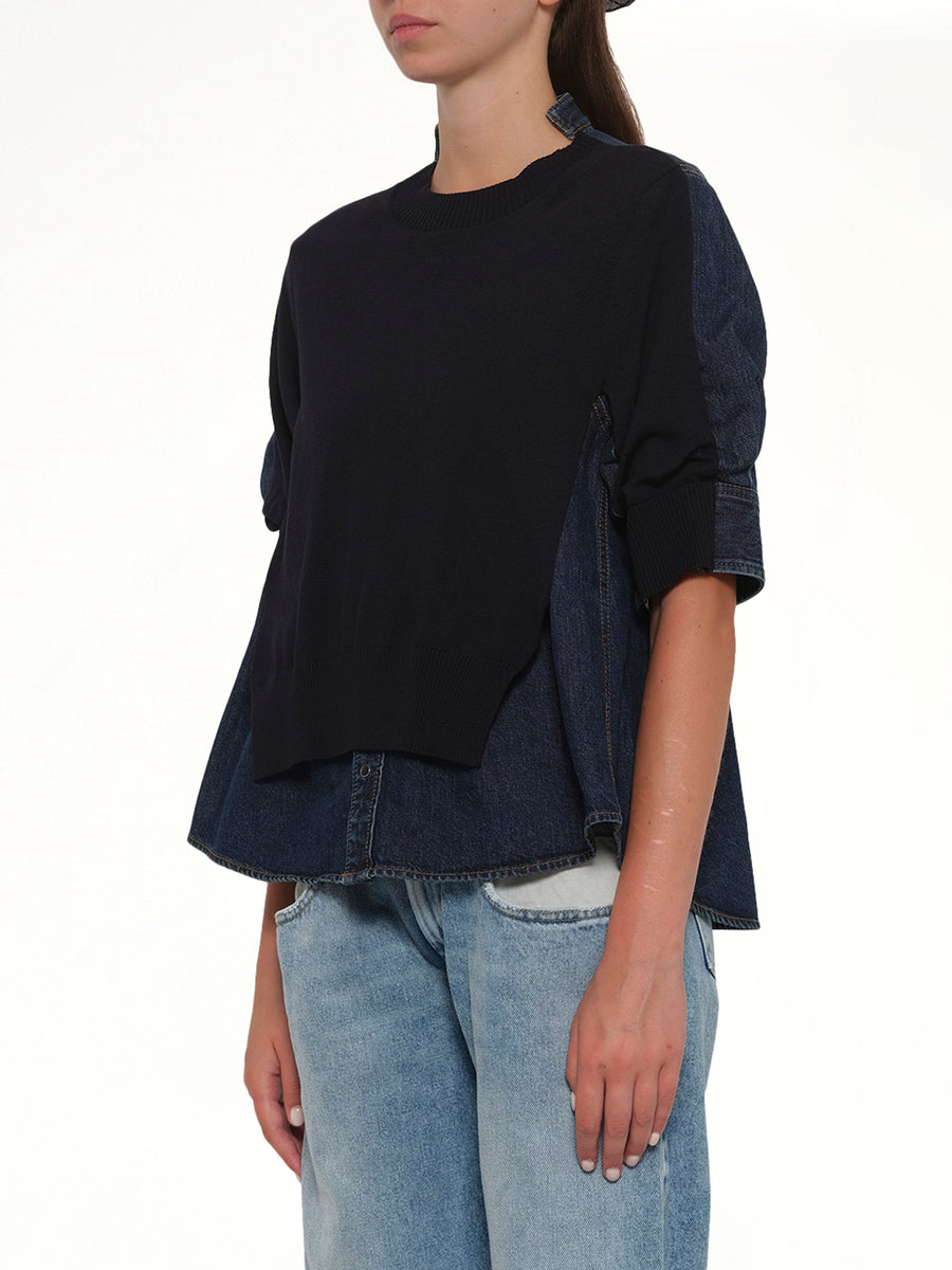 Denim x Knit Pullover in Blue