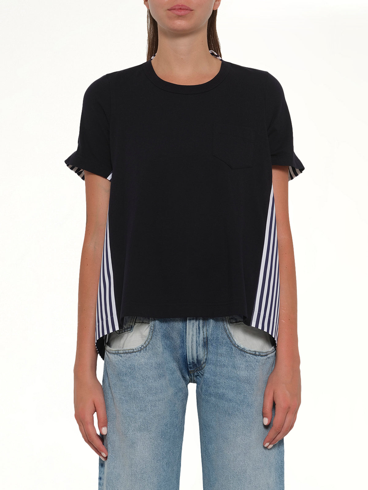 Cotton Poplin x Cotton Jersey T-Shirt in Navy/Stripe