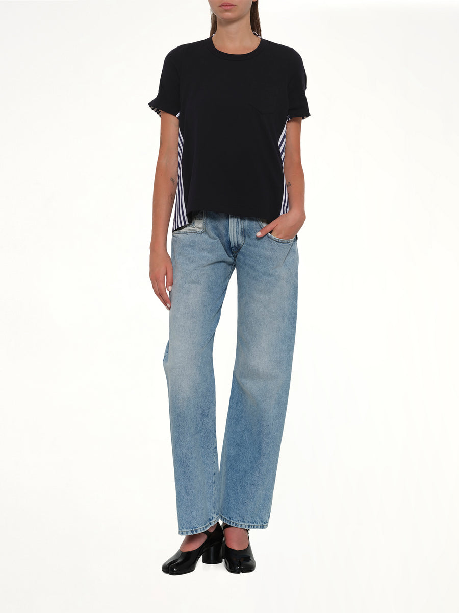Cotton Poplin x Cotton Jersey T-Shirt in Navy/Stripe