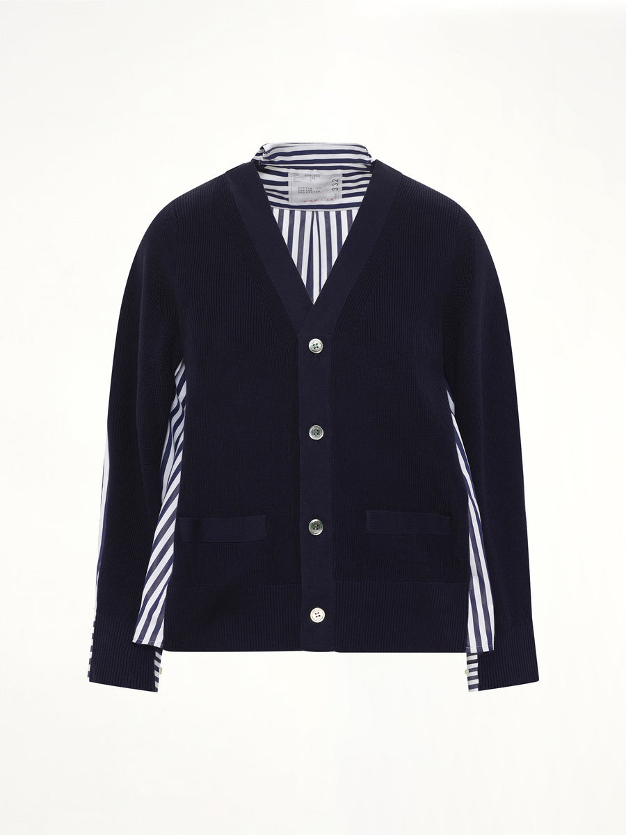 Cotton Knit x Cotton Poplin Cardigan in Navy