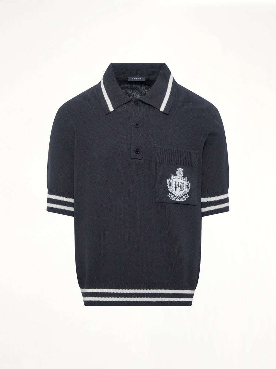 College Emblem Knit Polo in Black/Natural