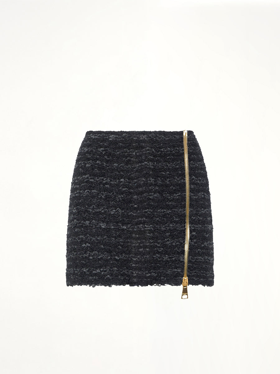 Zipped Knit Tweed Skirt in Black