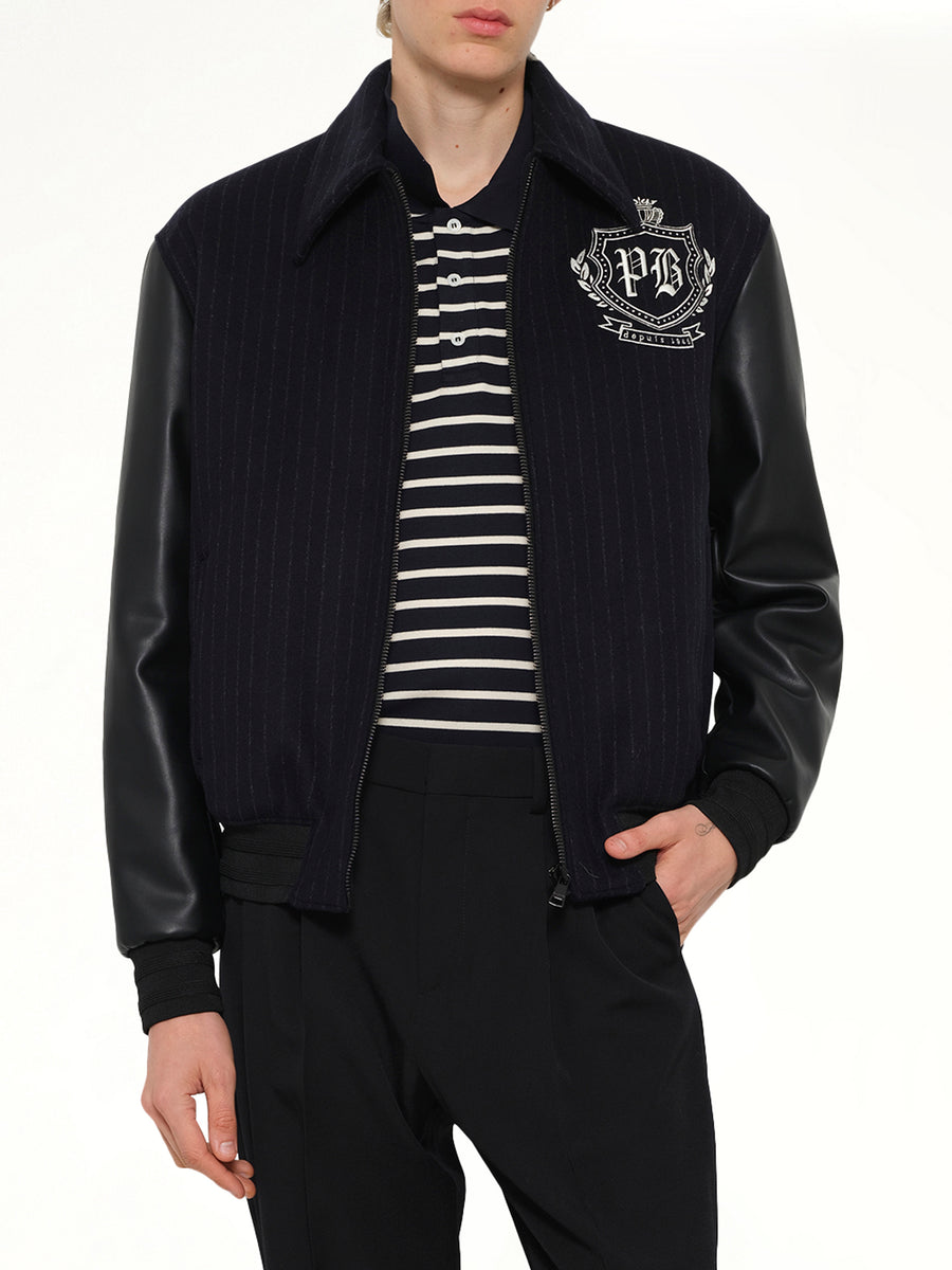Pinstripe Wool Varsity Jacket in Blue Marine