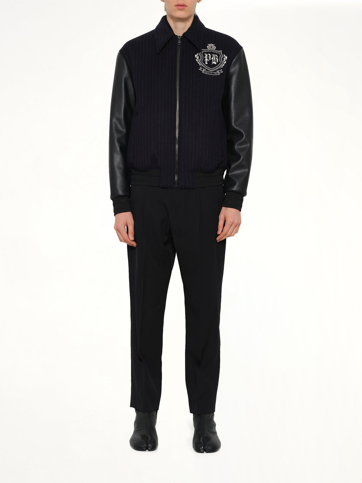 Pinstripe Wool Varsity Jacket in Blue Marine