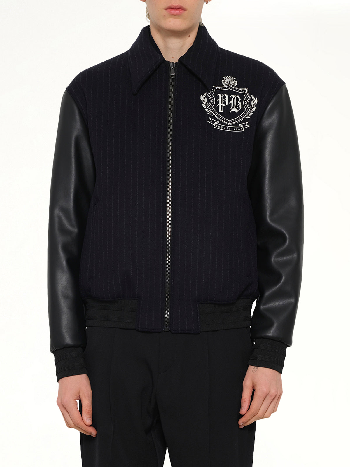 Pinstripe Wool Varsity Jacket in Blue Marine