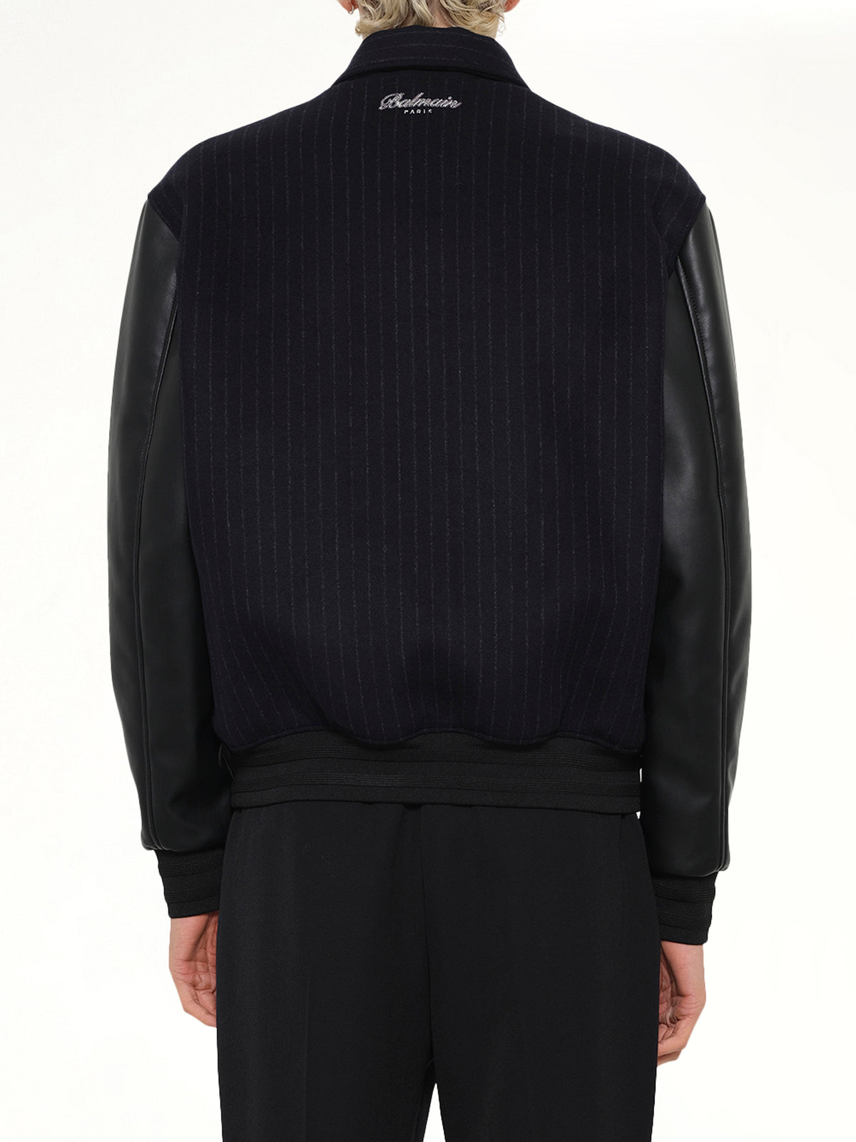 Pinstripe Wool Varsity Jacket in Blue Marine