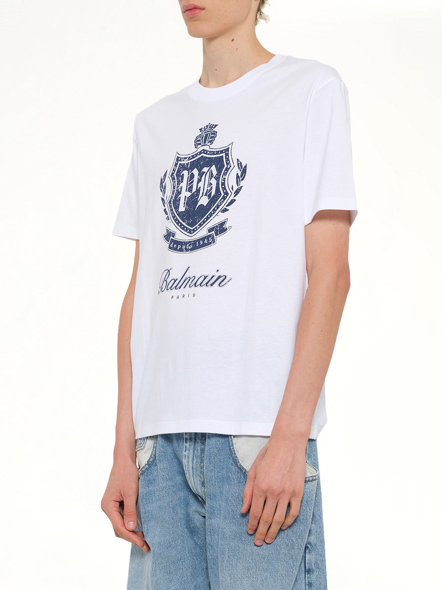 College Emblem Print T-Shirt in White/Blue