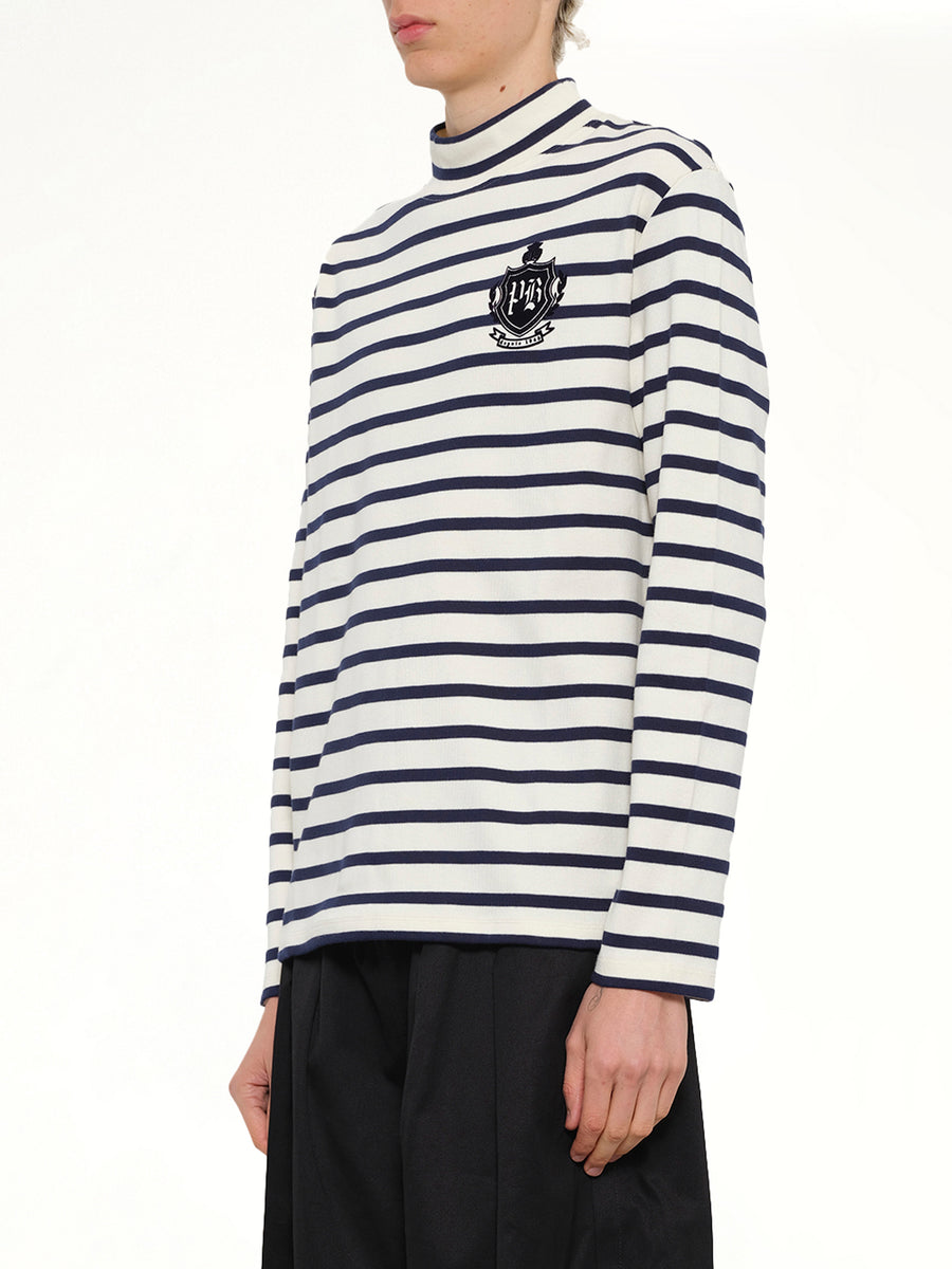 Emblem Flock Highneck LS T-Shirt in Beige/Blue