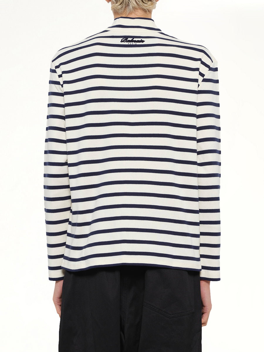 Emblem Flock Highneck LS T-Shirt in Beige/Blue