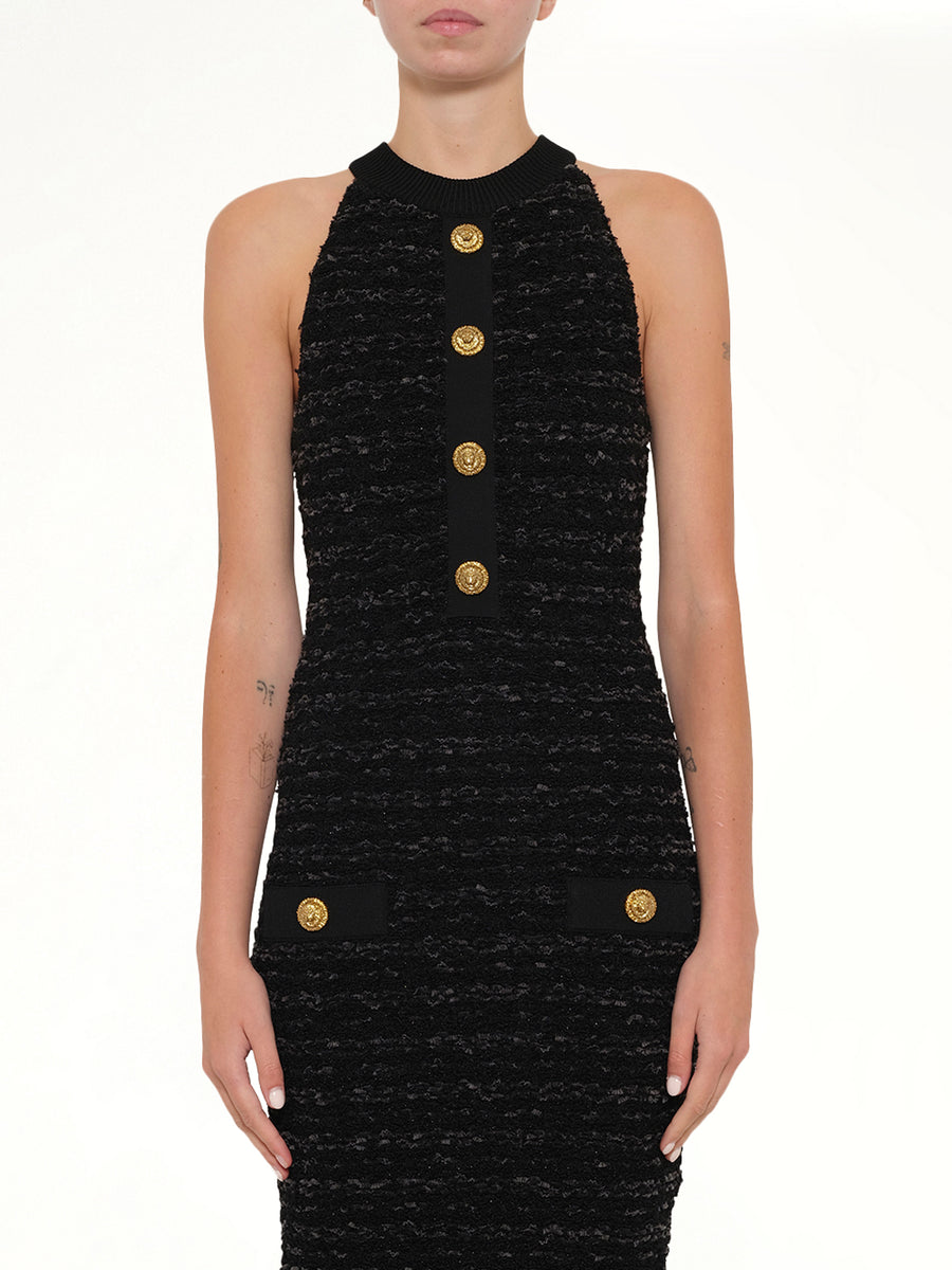 Halterneck Knit Tweed Dress in Black