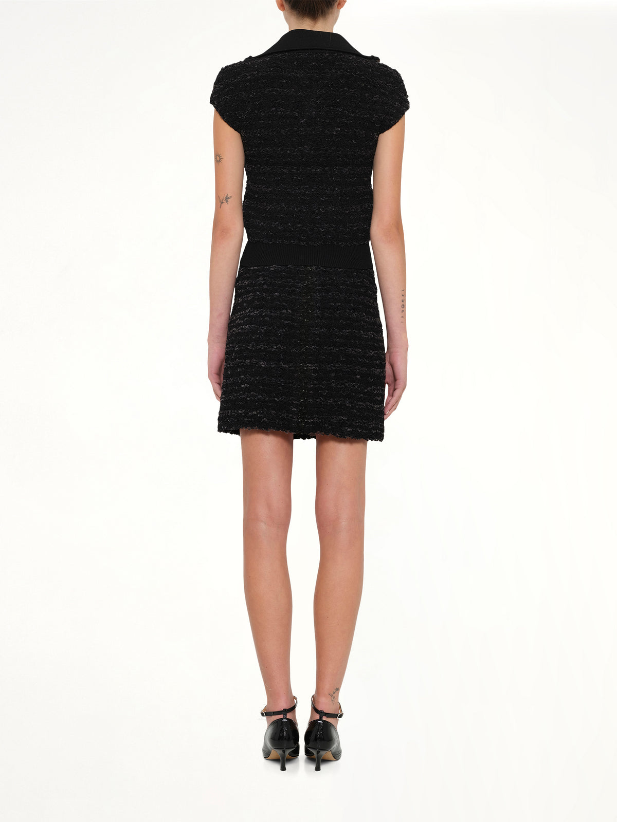 Zipped Short Sleeve Knit Tweed Top in Black