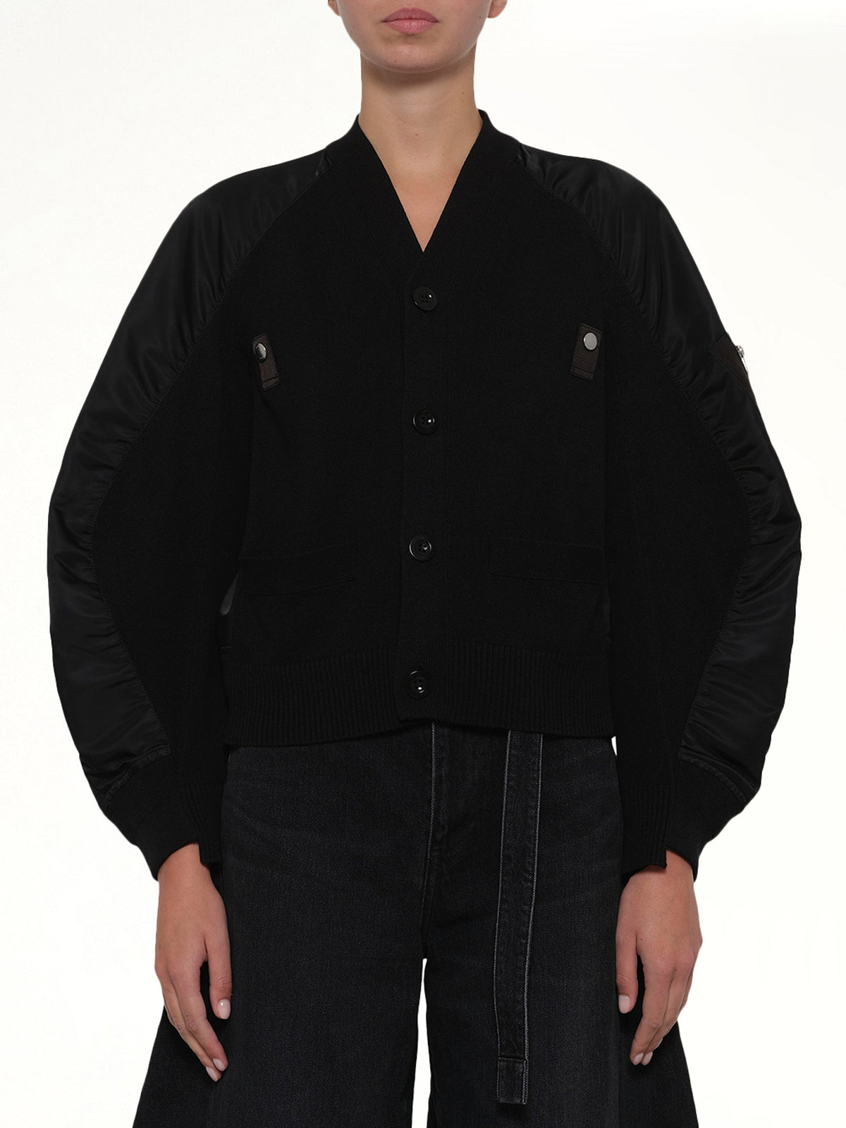Nylon Twill x Knit Cardigan in Black