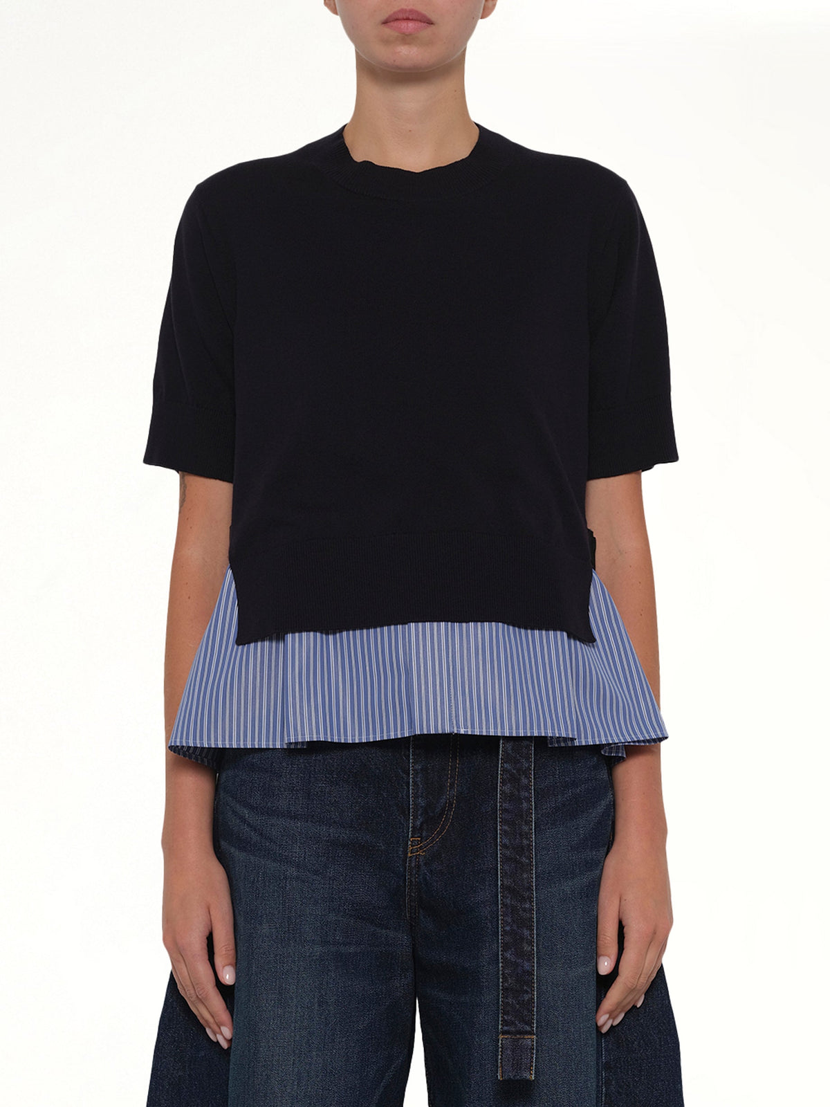 Poplin x Cotton Knit Pullover in Navy