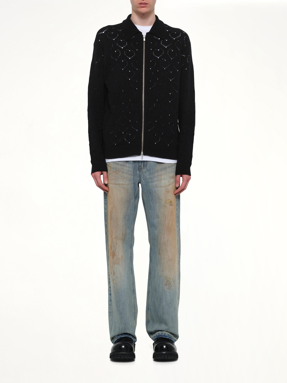 Eyelet Knitted Zip Up in Black
