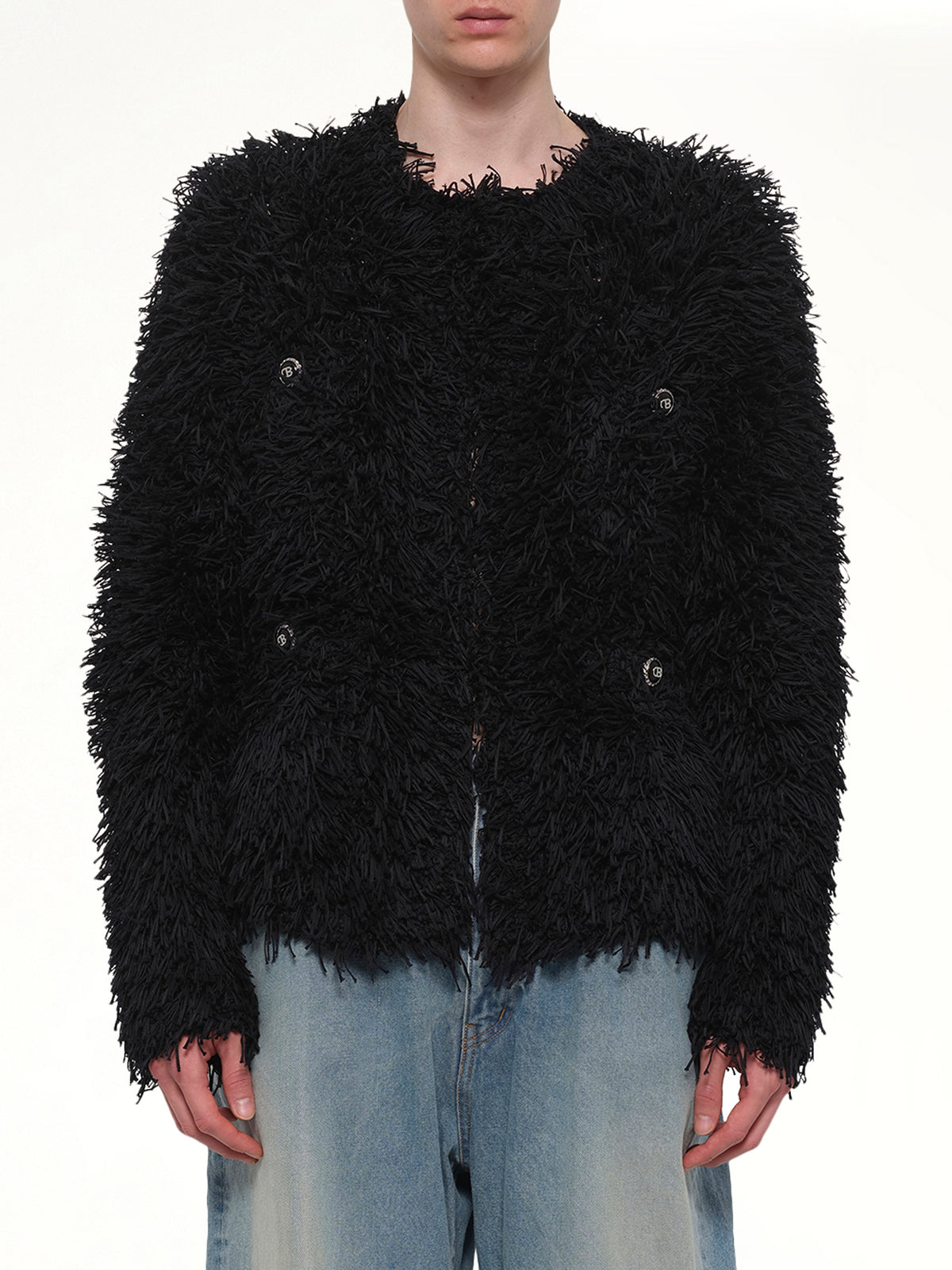 Straw Tweed Knit Cardigan in Black