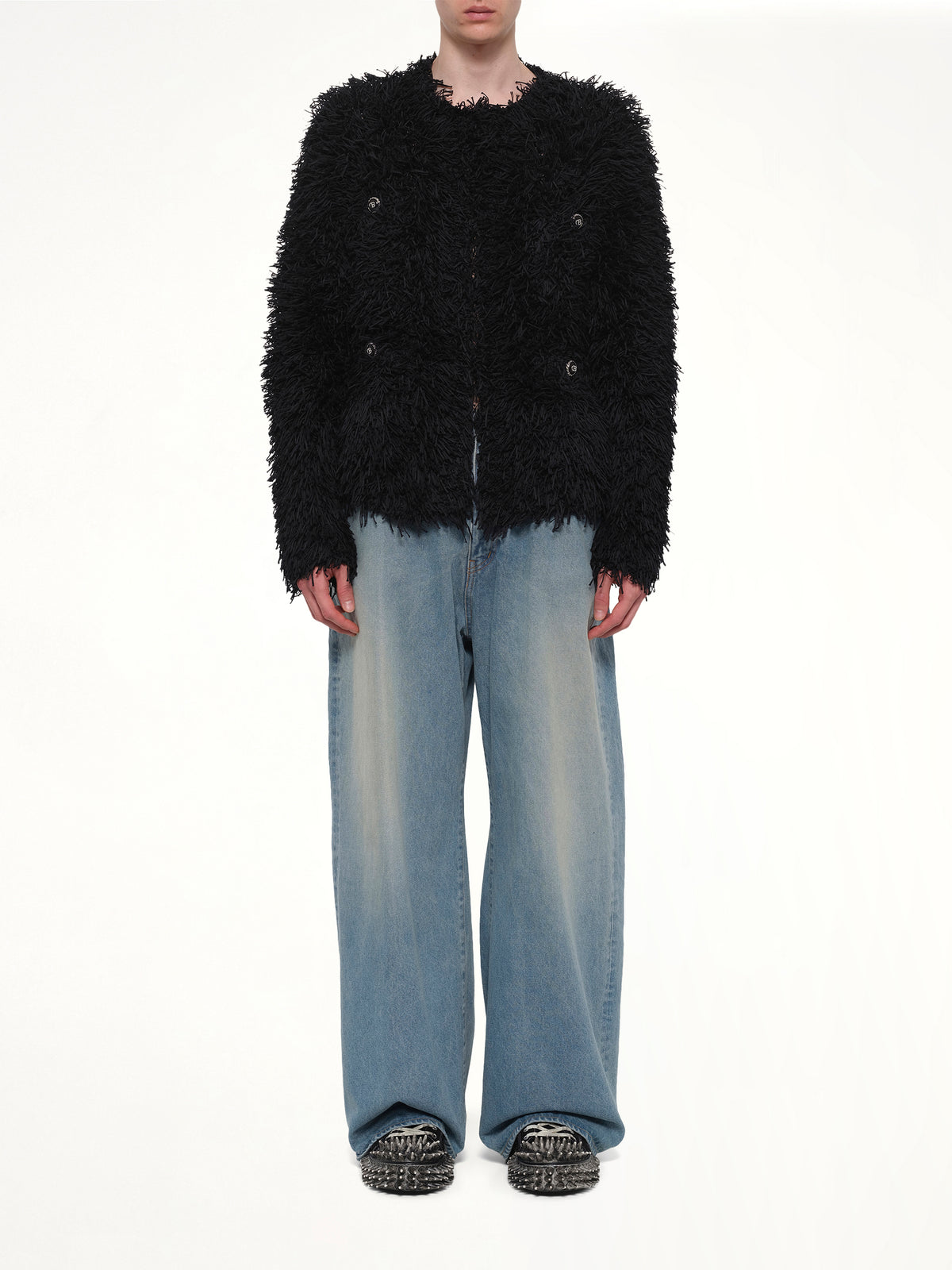 Straw Tweed Knit Cardigan in Black