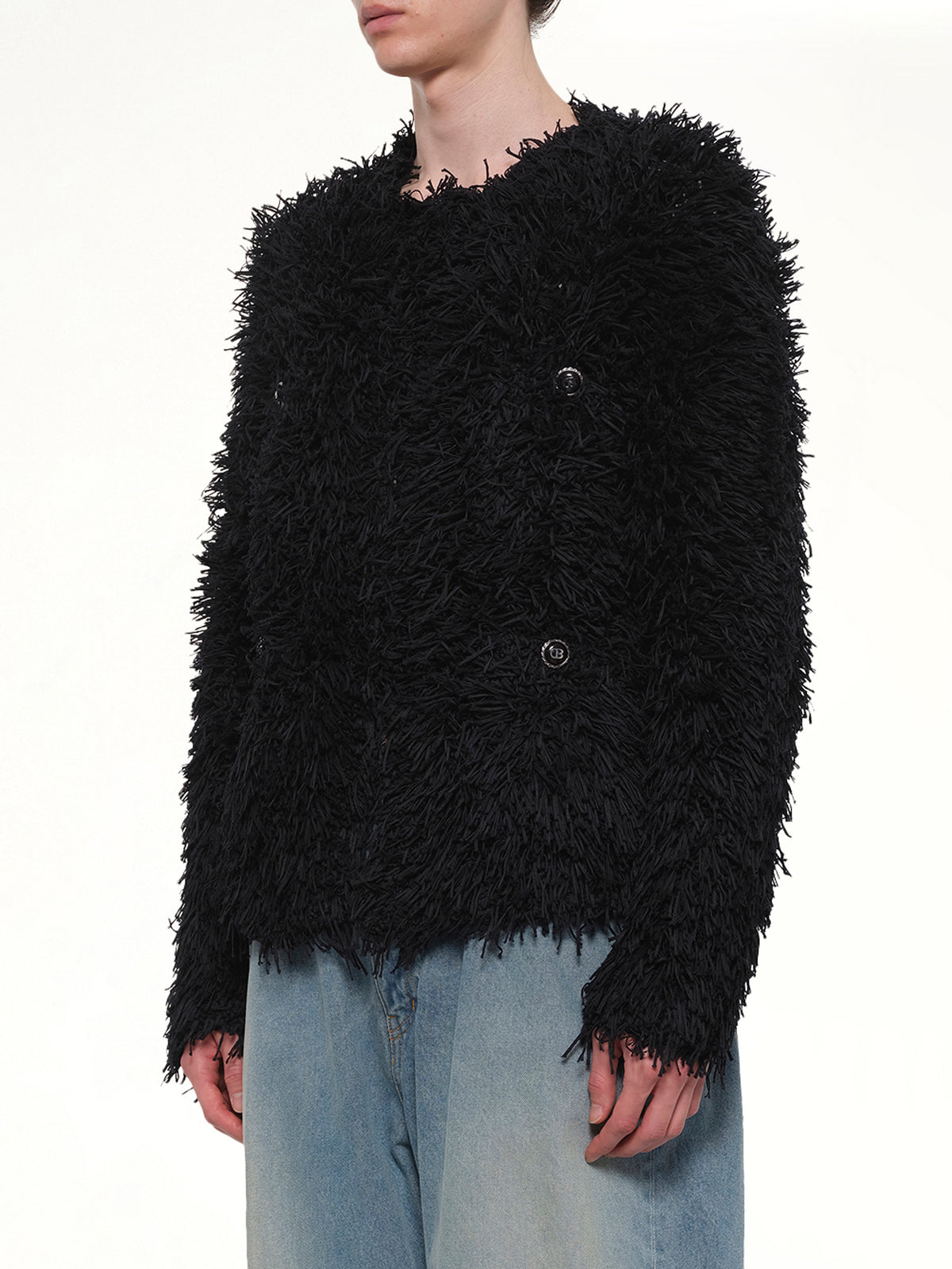 Straw Tweed Knit Cardigan in Black