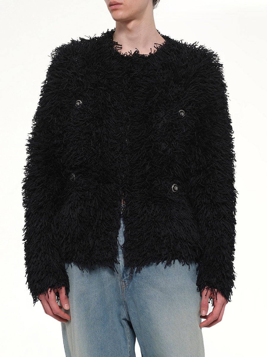 Straw Tweed Knit Cardigan in Black
