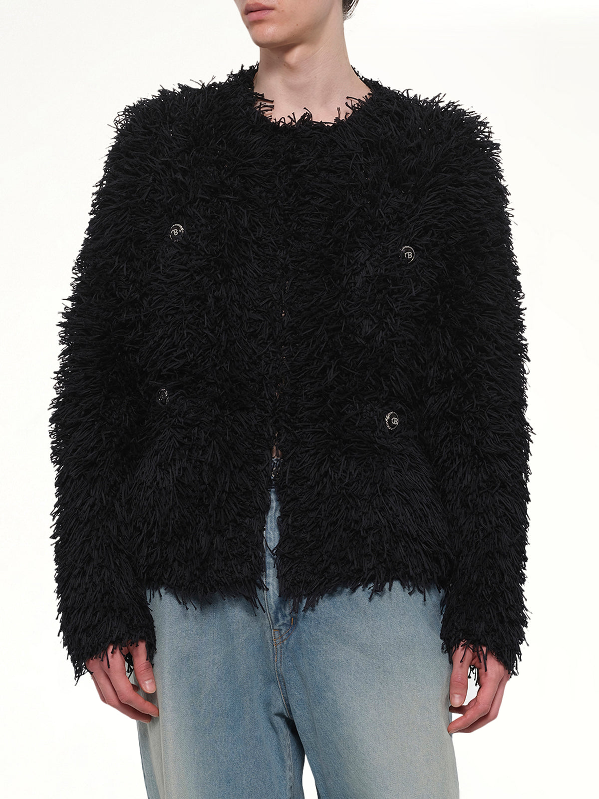 Straw Tweed Knit Cardigan in Black